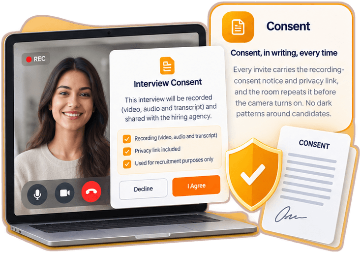 Consent, in writing, every time. Every invite carries the recording-consent notice and a privacy link, and the room repeats it before the camera turns on.