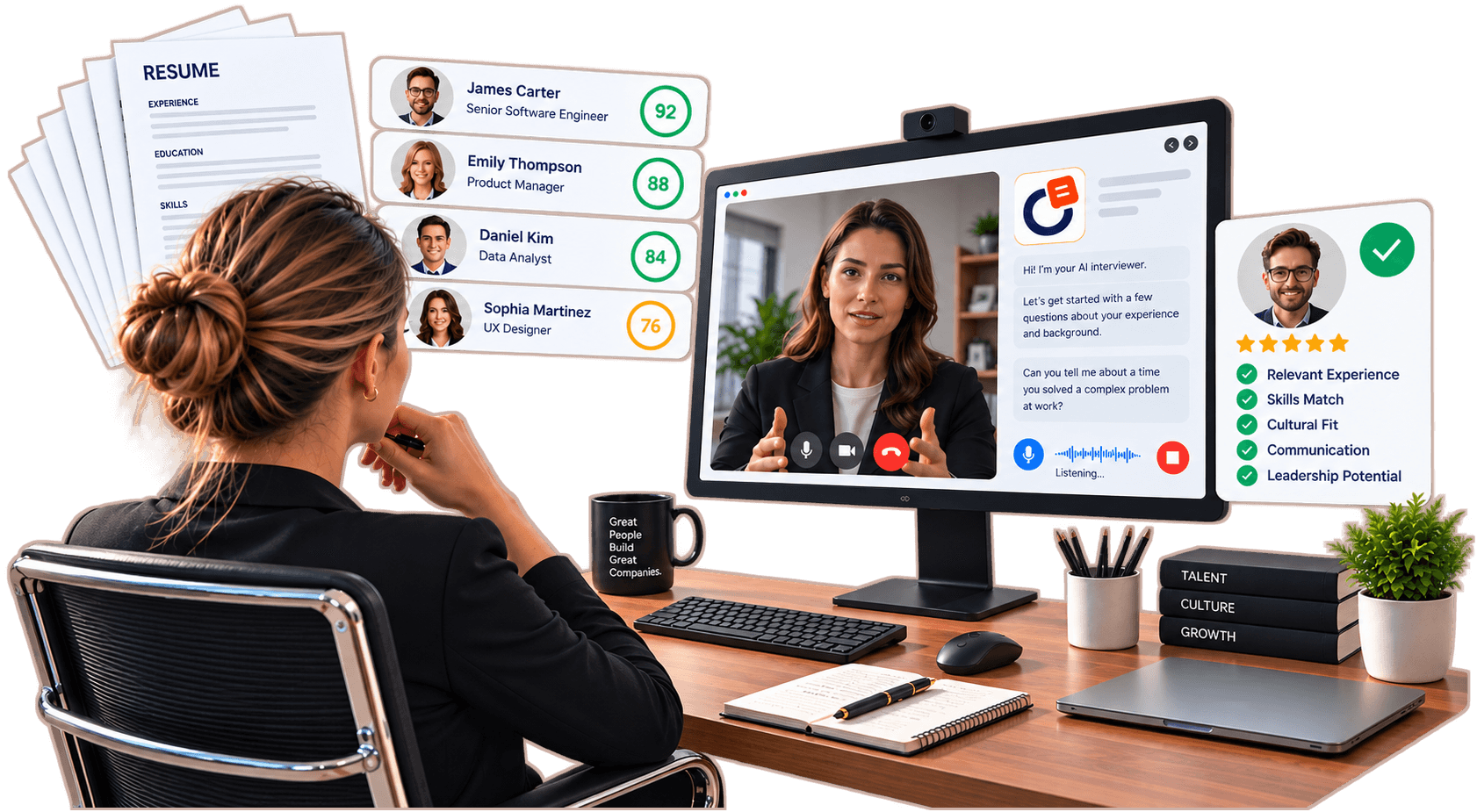 A recruiter reviewing a ranked candidate shortlist beside a live AI interview and its scorecard.