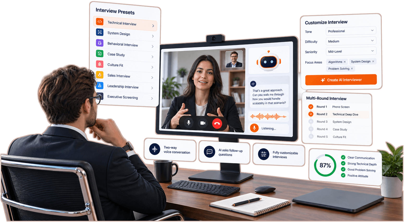 Choosing an interview preset, tuning tone, difficulty, seniority and focus areas, and chaining multiple interview rounds.